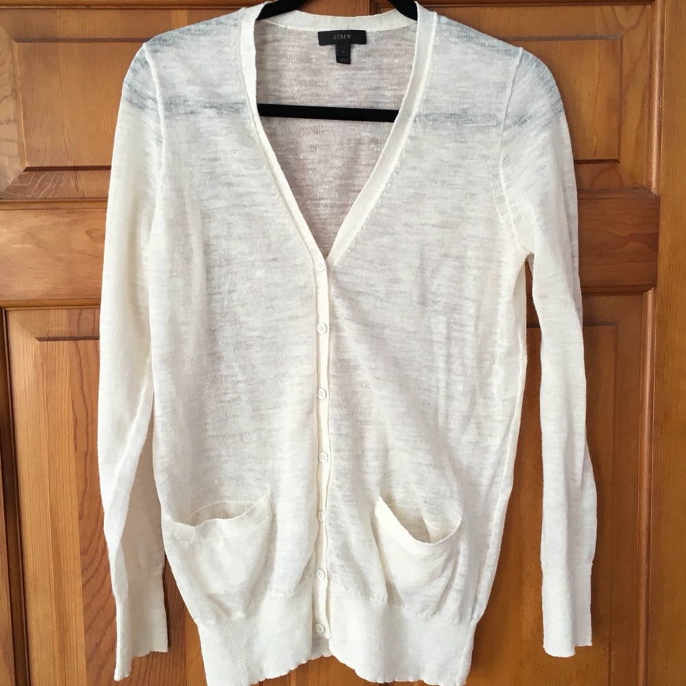 J.Crew Ivory Cream Linen 7 Button Cardigan Sweater With Pockets Size Medium